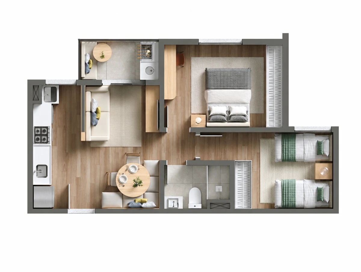 Planta tipo 2 do Viva Parque Aura com 48,24 m²