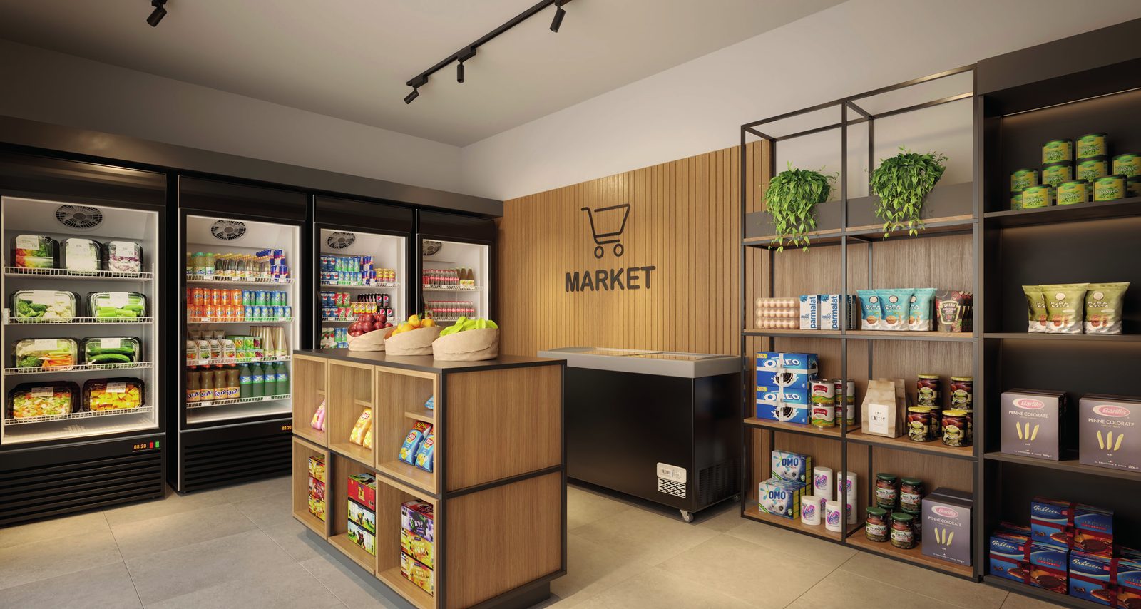 Market interno do condomínio com prateleiras e geladeiras
